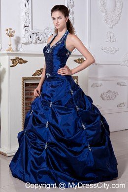 Blue Princess Halter Embriodery Quinceanera Dress in Taffeta