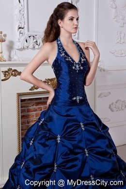 Blue Princess Halter Embriodery Quinceanera Dress in Taffeta