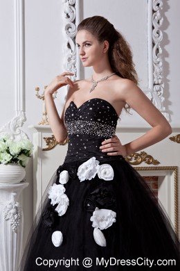 Black A-line Sweetheart Quinceanera Dress with Hand Made Flowers