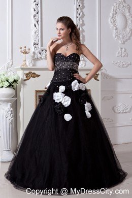 Black A-line Sweetheart Quinceanera Dress with Hand Made Flowers