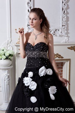 Black A-line Sweetheart Quinceanera Dress with Hand Made Flowers