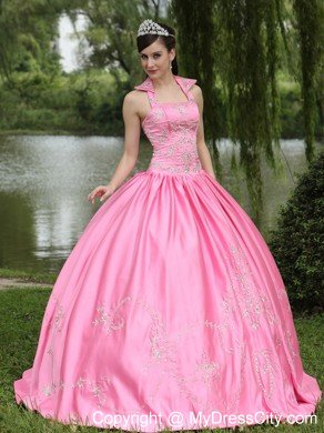 Square Neckline Beading Decorated Rose Pink Quinceanera Dress