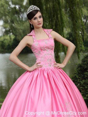 Square Neckline Beading Decorated Rose Pink Quinceanera Dress