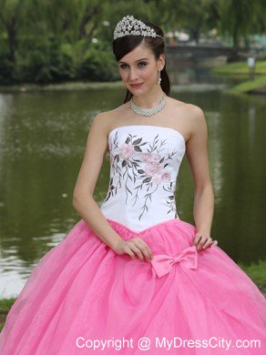 Embroidery Decorated Rose Pink Strapless Quinceanera Dress