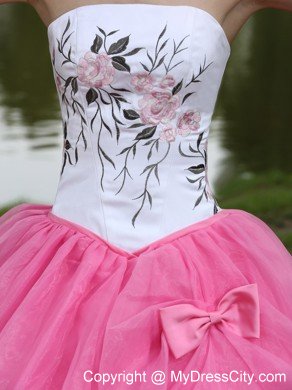 Embroidery Decorated Rose Pink Strapless Quinceanera Dress