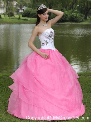 Embroidery Decorated Rose Pink Strapless Quinceanera Dress