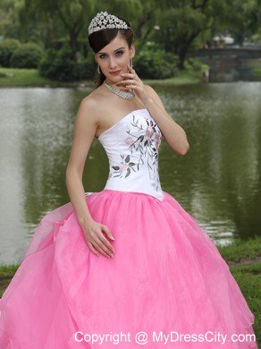 Embroidery Decorated Rose Pink Strapless Quinceanera Dress