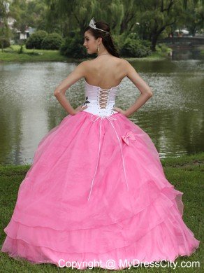 Embroidery Decorated Rose Pink Strapless Quinceanera Dress