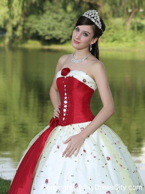 Flower Decorated Strapless Neckline Colorful Quinceanera Dress