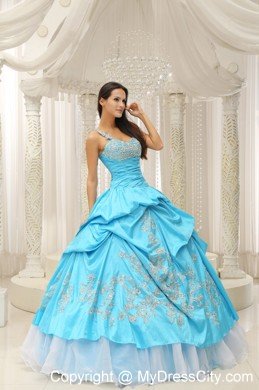 Aqua One Shoulder Embroidery Quinceanera Dress in Organza