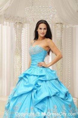 Aqua One Shoulder Embroidery Quinceanera Dress in Organza