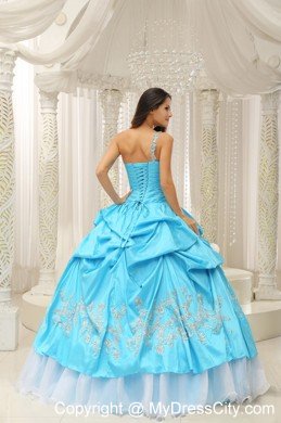 Aqua One Shoulder Embroidery Quinceanera Dress in Organza