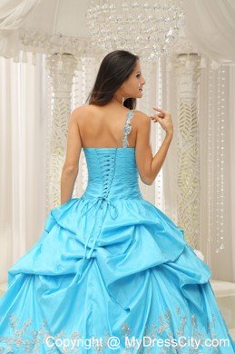 Aqua One Shoulder Embroidery Quinceanera Dress in Organza