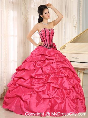 Cute Hot Pink Beaded Quinceanera Dress with Pick-ups