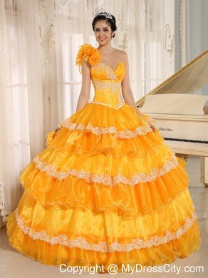 Flowers One Shoulder Ruffled Layers Dress for Quinceanera