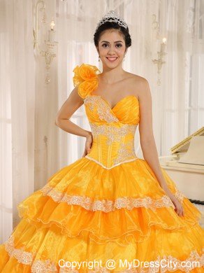 Flowers One Shoulder Ruffled Layers Dress for Quinceanera