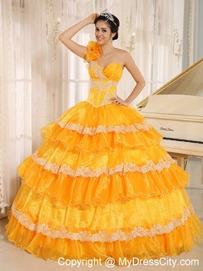 Flowers One Shoulder Ruffled Layers Dress for Quinceanera