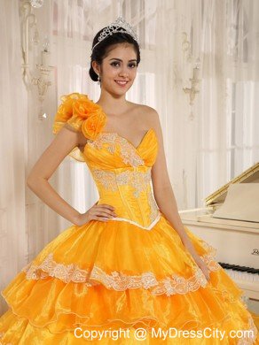 Flowers One Shoulder Ruffled Layers Dress for Quinceanera