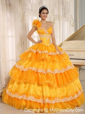 Flowers One Shoulder Ruffled Layers Dress for Quinceanera