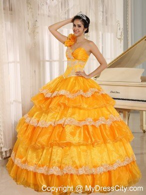 Flowers One Shoulder Ruffled Layers Dress for Quinceanera