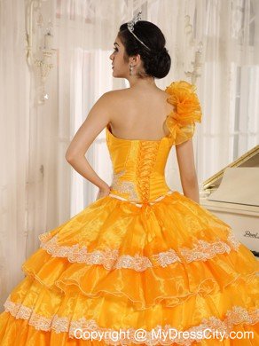 Flowers One Shoulder Ruffled Layers Dress for Quinceanera