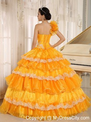 Flowers One Shoulder Ruffled Layers Dress for Quinceanera