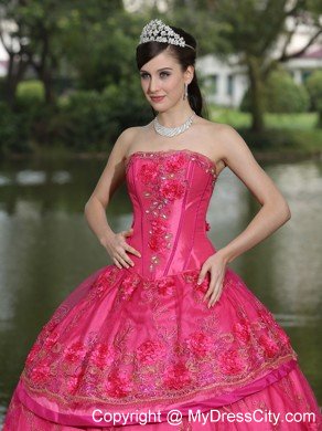 Hand Made Flowers Quinceanera Dress in Hot Pink Color