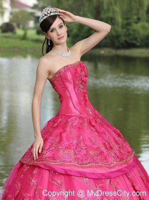 Hand Made Flowers Quinceanera Dress in Hot Pink Color