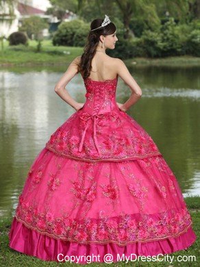 Hand Made Flowers Quinceanera Dress in Hot Pink Color