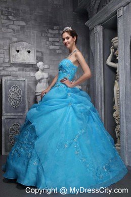 Beautiful Aqua Taffeta and Organza Appliques Quinceanera Dress