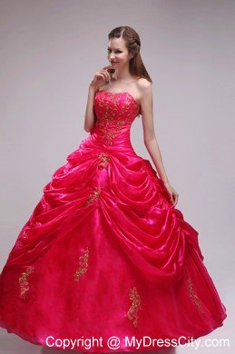 Red Ball Gown Strapless Organza Quinceanera Dress with Appliques