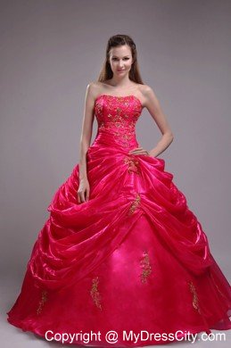 Red Ball Gown Strapless Organza Quinceanera Dress with Appliques