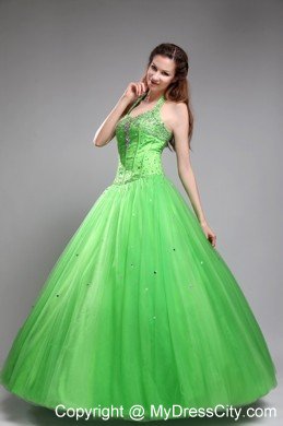 Spring Green Halter Tulle Corset Beading Quinceanera Dress