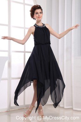 Chiffon Jeweled Neckline Little Black Cocktail Dress with Tail Both Side