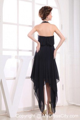 Chiffon Jeweled Neckline Little Black Cocktail Dress with Tail Both Side