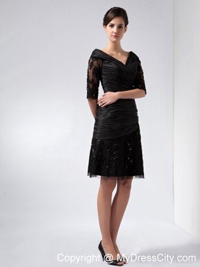 Half Sleeves Ruched V-neck Beaded Lace Little Black Dress