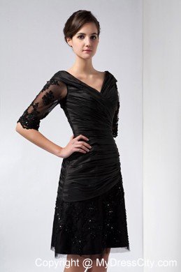 Half Sleeves Ruched V-neck Beaded Lace Little Black Dress