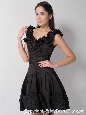 V-neck Flowers A-line Taffeta Little Black Cocktail Dresses