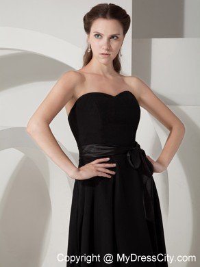 Tea-length Sweetheart Princess Black Party Dress with Bowknot