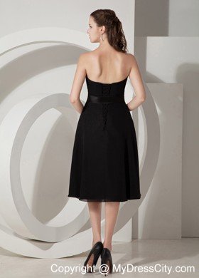 Tea-length Sweetheart Princess Black Party Dress with Bowknot