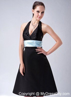 Custom Made A-line Halter Top Little Black Dress with Blue Belt