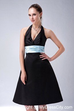 Custom Made A-line Halter Top Little Black Dress with Blue Belt