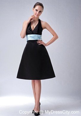 Custom Made A-line Halter Top Little Black Dress with Blue Belt