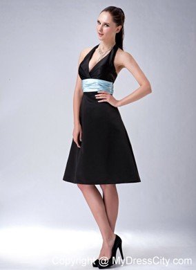 Custom Made A-line Halter Top Little Black Dress with Blue Belt