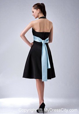 Custom Made A-line Halter Top Little Black Dress with Blue Belt