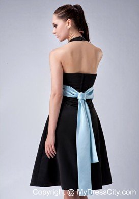 Custom Made A-line Halter Top Little Black Dress with Blue Belt