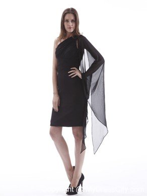 One Shoulder Ruched Black Party Dress with One Long Sleeve