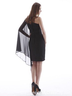 One Shoulder Ruched Black Party Dress with One Long Sleeve