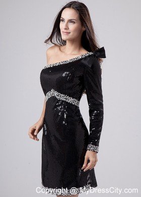 Asymmetrical Sequins and Beading Lil Black Dress with One Sleeve