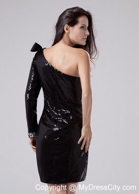 Asymmetrical Sequins and Beading Lil Black Dress with One Sleeve